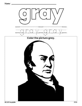 Free Presidents' Day John Quincy Adams color gray coloring page and color worksheet, gray worksheet for preschoolers to learn colors, printable PDF