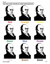 Free Presidents' Day John Quincy Adams coloring page and color worksheet for preschoolers to learn colors, printable PDF