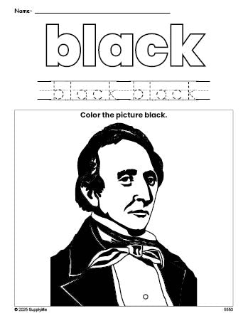 Free Presidents' Day John Tyler color black coloring page and color worksheet, black worksheet for preschoolers to learn colors, printable PDF