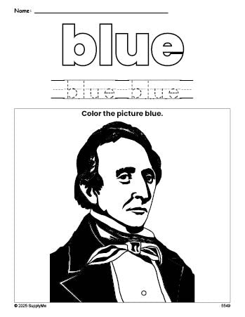 Free Presidents' Day John Tyler color blue coloring page and color worksheet, blue worksheet for preschoolers to learn colors, printable PDF