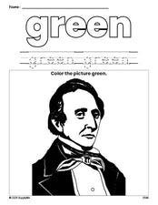 Free Presidents' Day John Tyler color green coloring page and color worksheet, green worksheet for preschoolers to learn colors, printable PDF