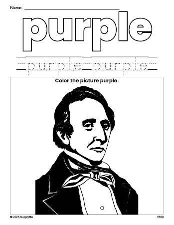 Free Presidents' Day John Tyler color purple coloring page and color worksheet, purple worksheet for preschoolers to learn colors, printable PDF