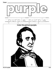 Free Presidents' Day John Tyler color purple coloring page and color worksheet, purple worksheet for preschoolers to learn colors, printable PDF