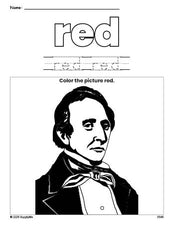 Free Presidents' Day John Tyler color red coloring page and color worksheet, red worksheet for preschoolers to learn colors, printable PDF