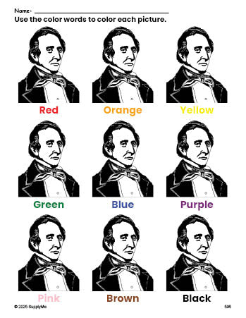 Free Presidents' Day John Tyler coloring page and color worksheet for preschoolers to learn colors, printable PDF