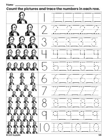 Free printable Presidents' Day John Tyler counting worksheet for preschool and pre-k with number tracing practice 1-10, PDF