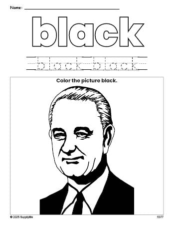 Free Presidents' Day Lyndon B Johnson color black coloring page and color worksheet, black worksheet for preschoolers to learn colors, printable PDF