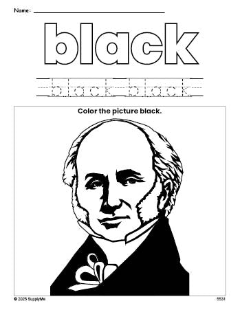 Free Presidents' Day Martin Van Buren color black coloring page and color worksheet, black worksheet for preschoolers to learn colors, printable PDF