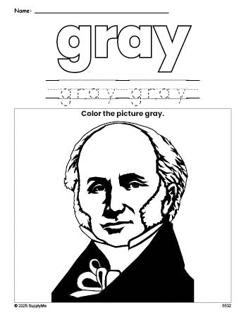 Free Presidents' Day Martin Van Buren color gray coloring page and color worksheet, gray worksheet for preschoolers to learn colors, printable PDF