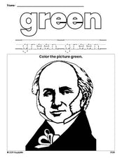 Free Presidents' Day Martin Van Buren color green coloring page and color worksheet, green worksheet for preschoolers to learn colors, printable PDF