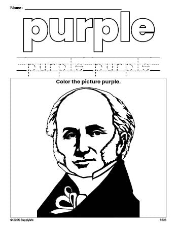 Free Presidents' Day Martin Van Buren color purple coloring page and color worksheet, purple worksheet for preschoolers to learn colors, printable PDF