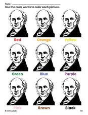 Free Presidents' Day Martin Van Buren coloring page and color worksheet for preschoolers to learn colors, printable PDF