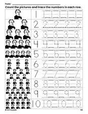 Free printable Presidents' Day Millard Fillmore counting worksheet for preschool and pre-k with number tracing practice 1-10, PDF