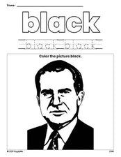 Free Presidents' Day Richard M Nixon color black coloring page and color worksheet, black worksheet for preschoolers to learn colors, printable PDF