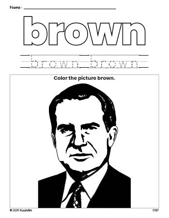 Free Presidents' Day Richard M Nixon color brown coloring page and color worksheet, brown worksheet for preschoolers to learn colors, printable PDF