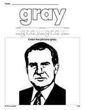 Free Presidents' Day Richard M Nixon color gray coloring page and color worksheet, gray worksheet for preschoolers to learn colors, printable PDF