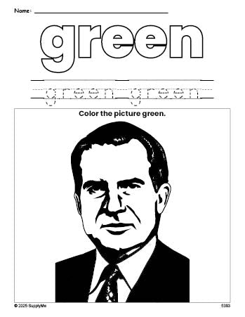 Free Presidents' Day Richard M Nixon color green coloring page and color worksheet, green worksheet for preschoolers to learn colors, printable PDF