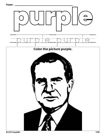 Free Presidents' Day Richard M Nixon color purple coloring page and color worksheet, purple worksheet for preschoolers to learn colors, printable PDF