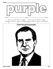 Free Presidents' Day Richard M Nixon color purple coloring page and color worksheet, purple worksheet for preschoolers to learn colors, printable PDF