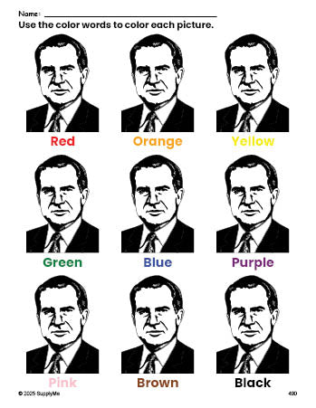 Free Presidents' Day Richard M Nixon coloring page and color worksheet for preschoolers to learn colors, printable PDF