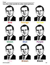 Free Presidents' Day Richard M Nixon coloring page and color worksheet for preschoolers to learn colors, printable PDF