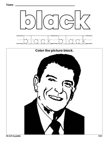 Free Presidents' Day Ronald Reagan color black coloring page and color worksheet, black worksheet for preschoolers to learn colors, printable PDF