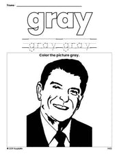 Free Presidents' Day Ronald Reagan color gray coloring page and color worksheet, gray worksheet for preschoolers to learn colors, printable PDF