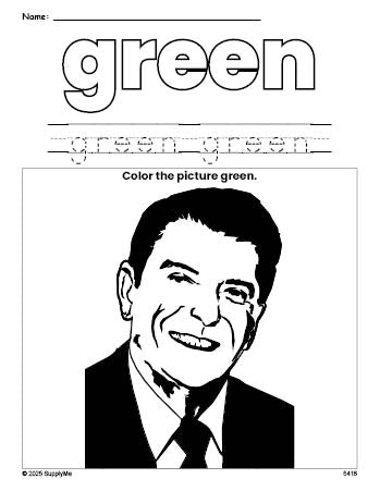 Free Presidents' Day Ronald Reagan color green coloring page and color worksheet, green worksheet for preschoolers to learn colors, printable PDF