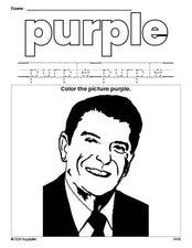 Free Presidents' Day Ronald Reagan color purple coloring page and color worksheet, purple worksheet for preschoolers to learn colors, printable PDF