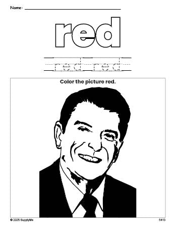 Free Presidents' Day Ronald Reagan color red coloring page and color worksheet, red worksheet for preschoolers to learn colors, printable PDF