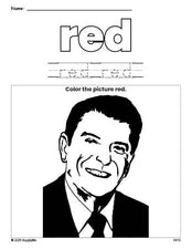 Free Presidents' Day Ronald Reagan color red coloring page and color worksheet, red worksheet for preschoolers to learn colors, printable PDF