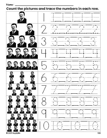 Free printable Presidents' Day Theodore Roosevelt counting worksheet for preschool and pre-k with number tracing practice 1-10, PDF