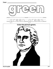 Free Presidents' Day Thomas Jefferson color green coloring page and color worksheet, green worksheet for preschoolers to learn colors, printable PDF