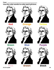 Free Presidents' Day Thomas Jefferson coloring page and color worksheet for preschoolers to learn colors, printable PDF