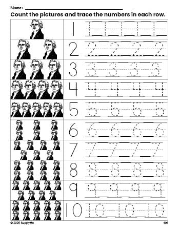 Free printable Presidents' Day Thomas Jefferson counting worksheet for preschool and pre-k with number tracing practice 1-10, PDF