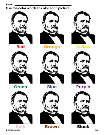 Free Presidents' Day Ulysses S Grant coloring page and color worksheet for preschoolers to learn colors, printable PDF