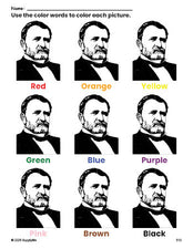 Free Presidents' Day Ulysses S Grant coloring page and color worksheet for preschoolers to learn colors, printable PDF