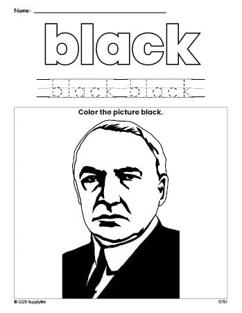 Free Presidents' Day Warren G Harding color black coloring page and color worksheet, black worksheet for preschoolers to learn colors, printable PDF