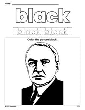 Free Presidents' Day Warren G Harding color black coloring page and color worksheet, black worksheet for preschoolers to learn colors, printable PDF