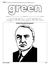 Free Presidents' Day Warren G Harding color green coloring page and color worksheet, green worksheet for preschoolers to learn colors, printable PDF