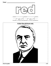 Free Presidents' Day Warren G Harding color red coloring page and color worksheet, red worksheet for preschoolers to learn colors, printable PDF