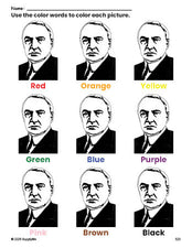 Free Presidents' Day Warren G Harding coloring page and color worksheet for preschoolers to learn colors, printable PDF