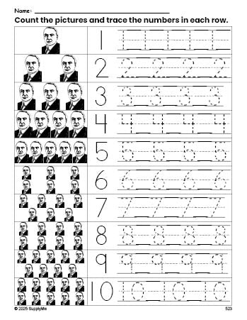 Free printable Presidents' Day Warren G Harding counting worksheet for preschool and pre-k with number tracing practice 1-10, PDF