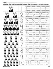 Free printable Presidents' Day Warren G Harding counting worksheet for preschool and pre-k with number tracing practice 1-10, PDF