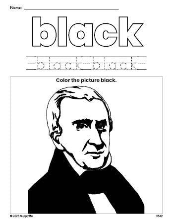 Free Presidents' Day William H Harrison color black coloring page and color worksheet, black worksheet for preschoolers to learn colors, printable PDF