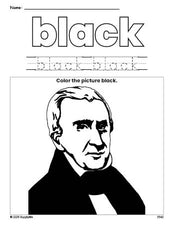 Free Presidents' Day William H Harrison color black coloring page and color worksheet, black worksheet for preschoolers to learn colors, printable PDF