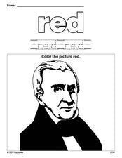 Free Presidents' Day William H Harrison color red coloring page and color worksheet, red worksheet for preschoolers to learn colors, printable PDF