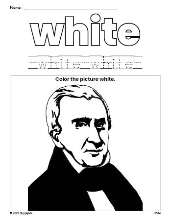 Free Presidents' Day William H Harrison color white coloring page and color worksheet, white worksheet for preschoolers to learn colors, printable PDF