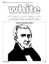 Free Presidents' Day William H Harrison color white coloring page and color worksheet, white worksheet for preschoolers to learn colors, printable PDF