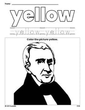 Free Presidents' Day William H Harrison color yellow coloring page and color worksheet, yellow worksheet for preschoolers to learn colors, printable PDF